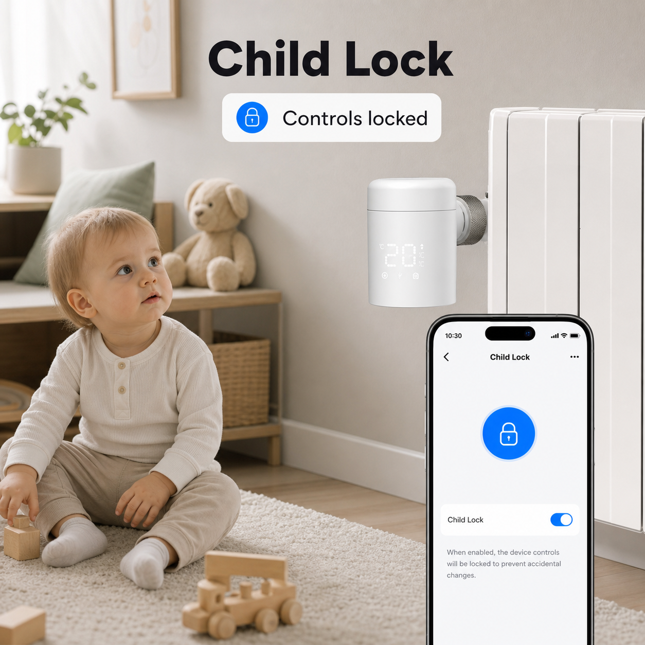 Child lock mode visual for Wi-Fi radiator valve