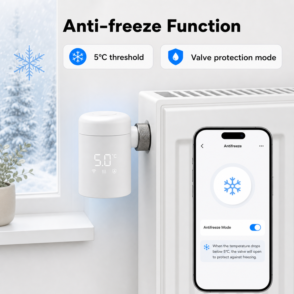 Anti-freeze function app visual for Wi-Fi thermostatic radiator valve