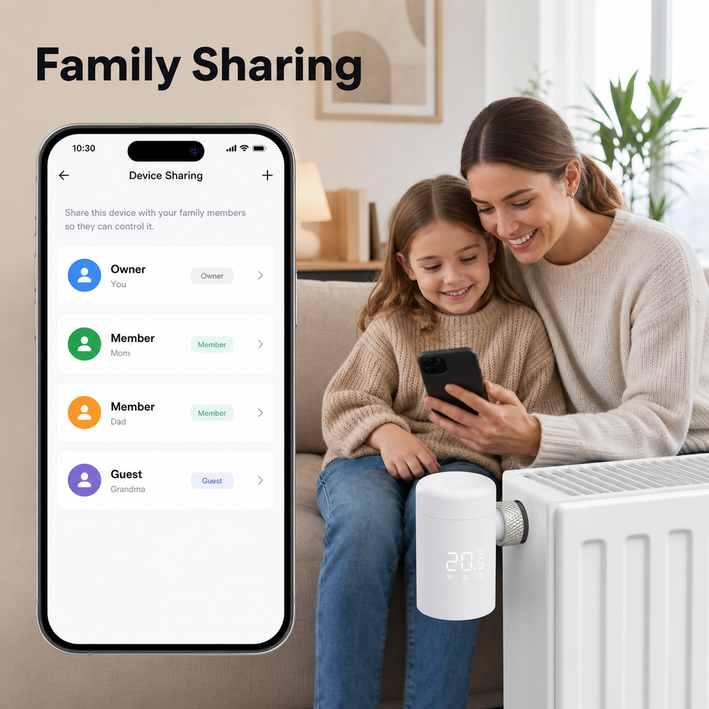 Family sharing app visual for Wi-Fi radiator valve control