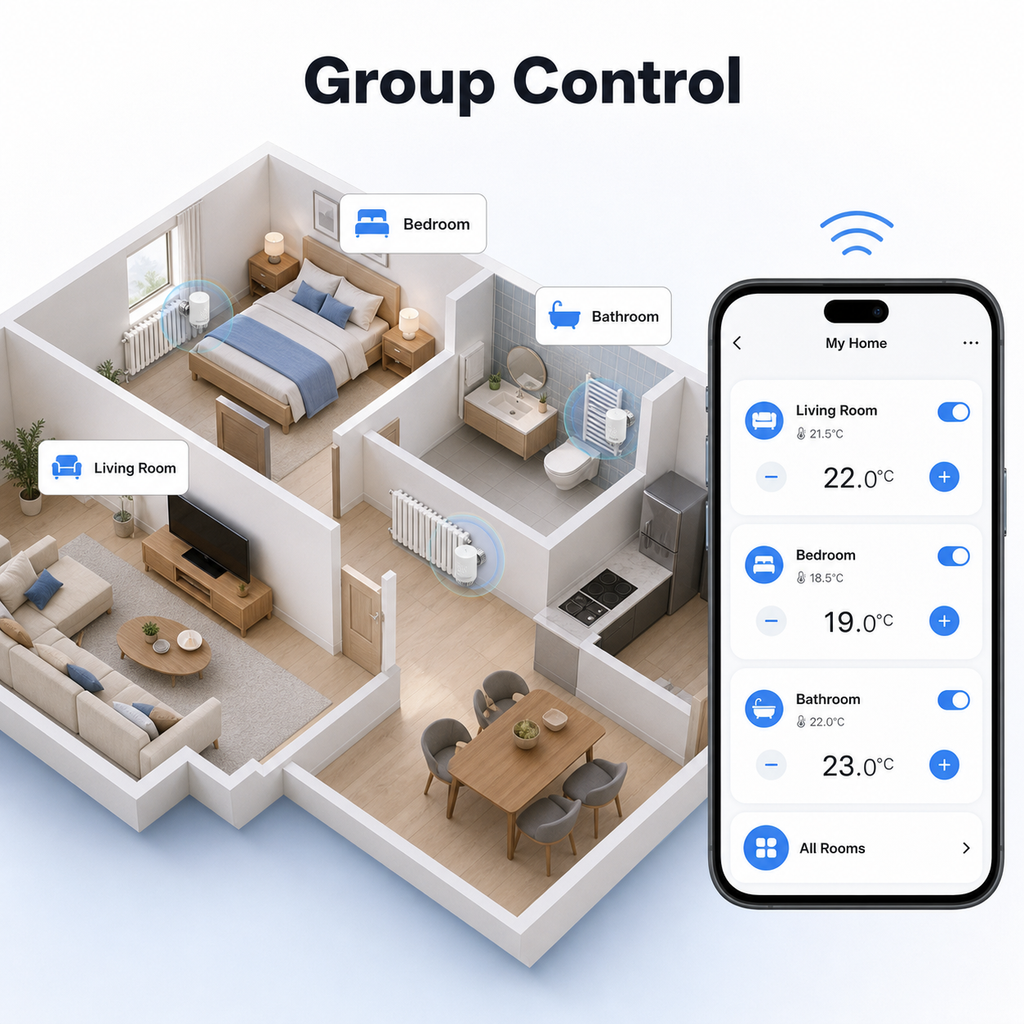 Group control visual for multiple Wi-Fi radiator valves by room