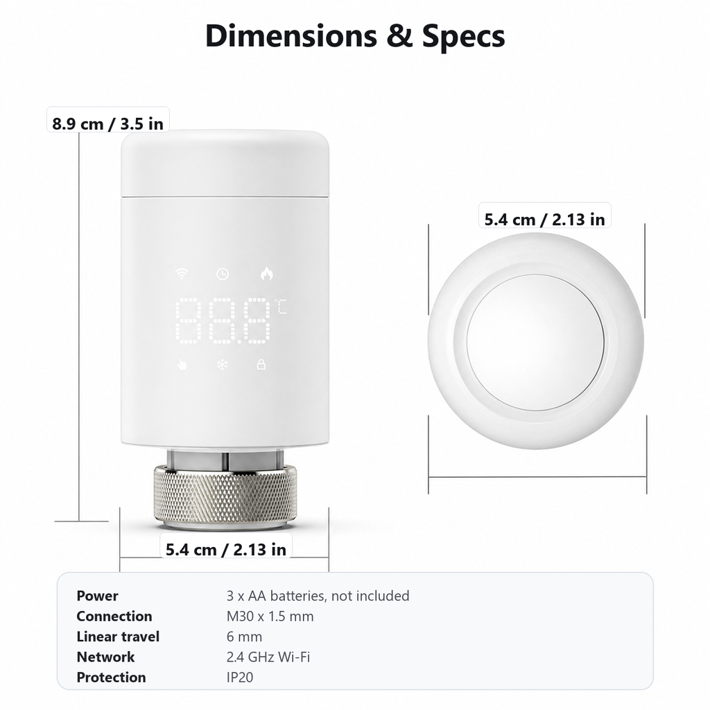 Dimensions and specs for Wi-Fi thermostatic radiator valve