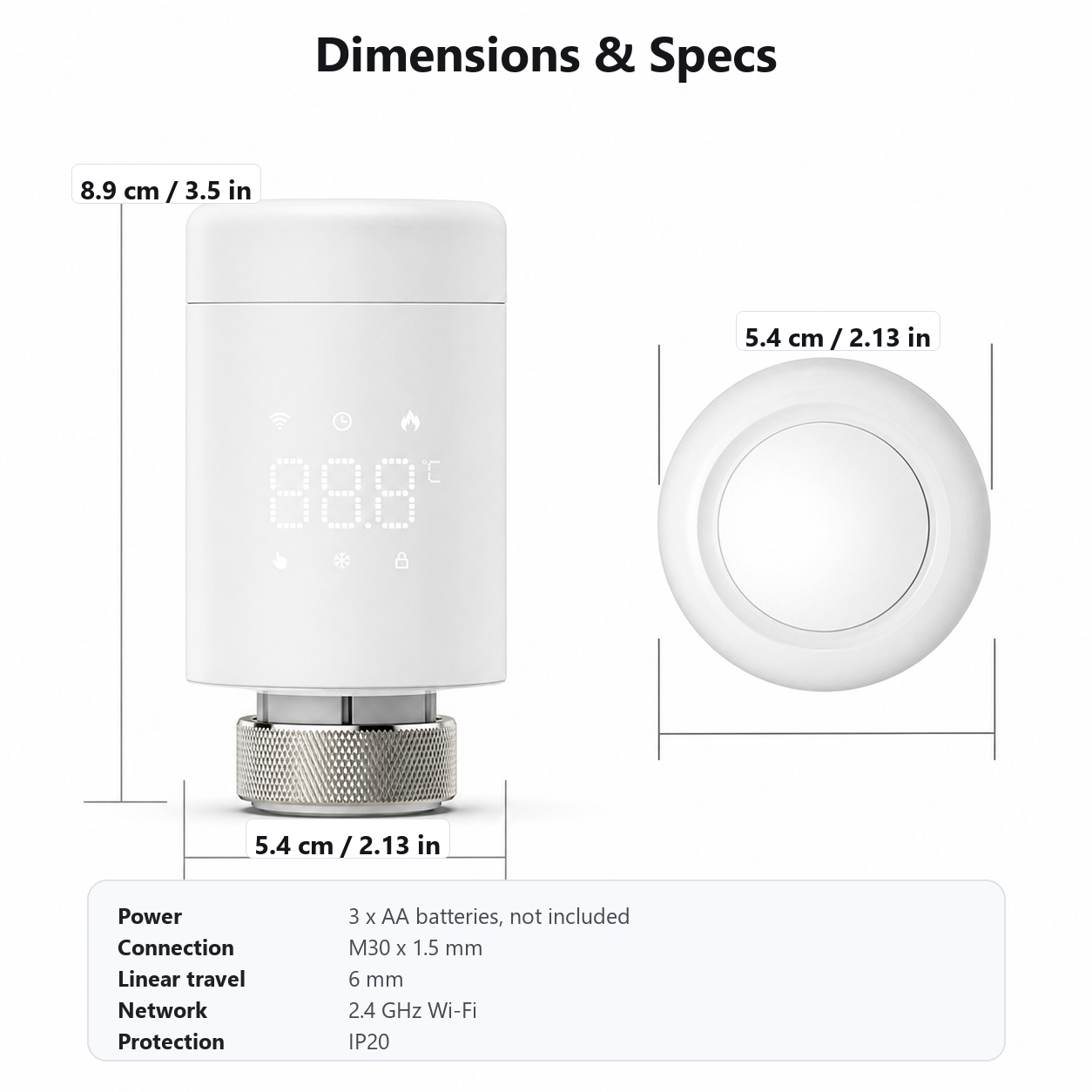 Dimensions and specs for Wi-Fi thermostatic radiator valve