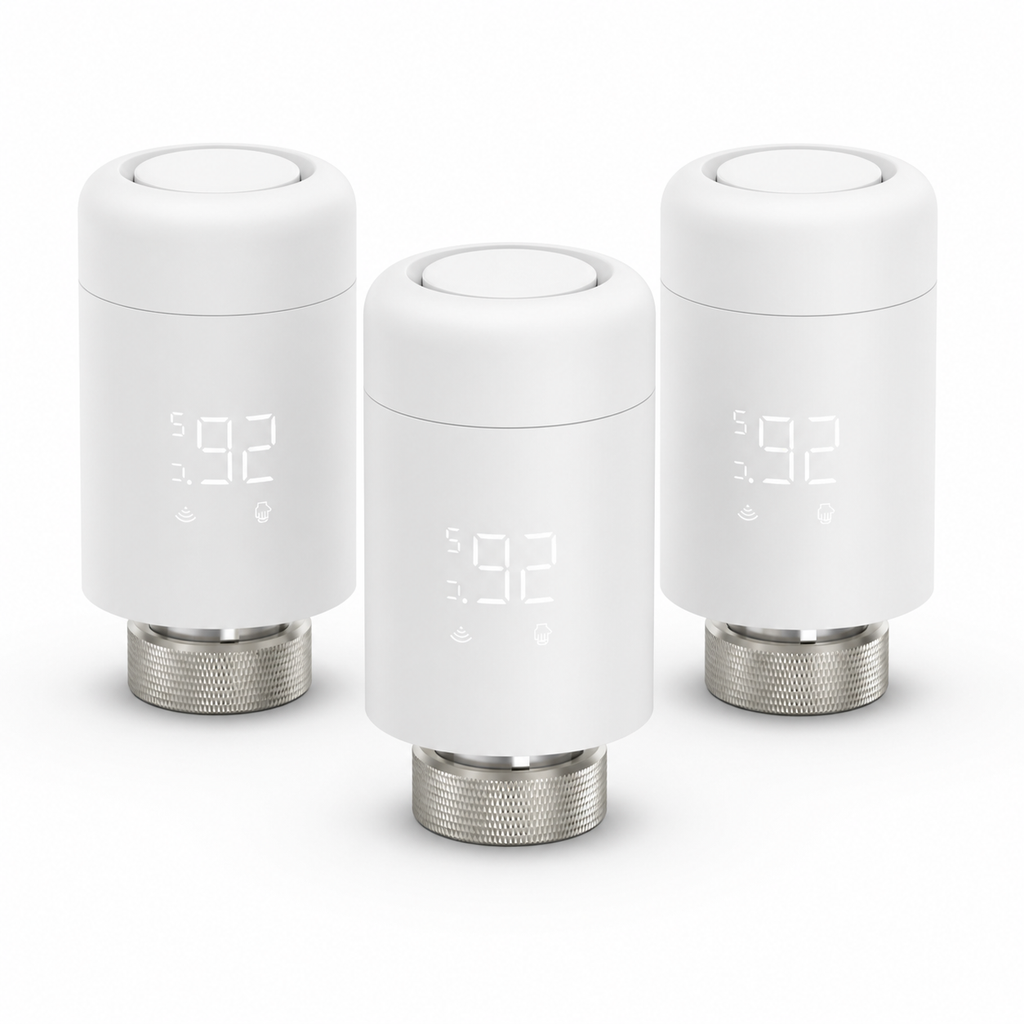 Studio packshot of three Wi-Fi thermostatic radiator valves