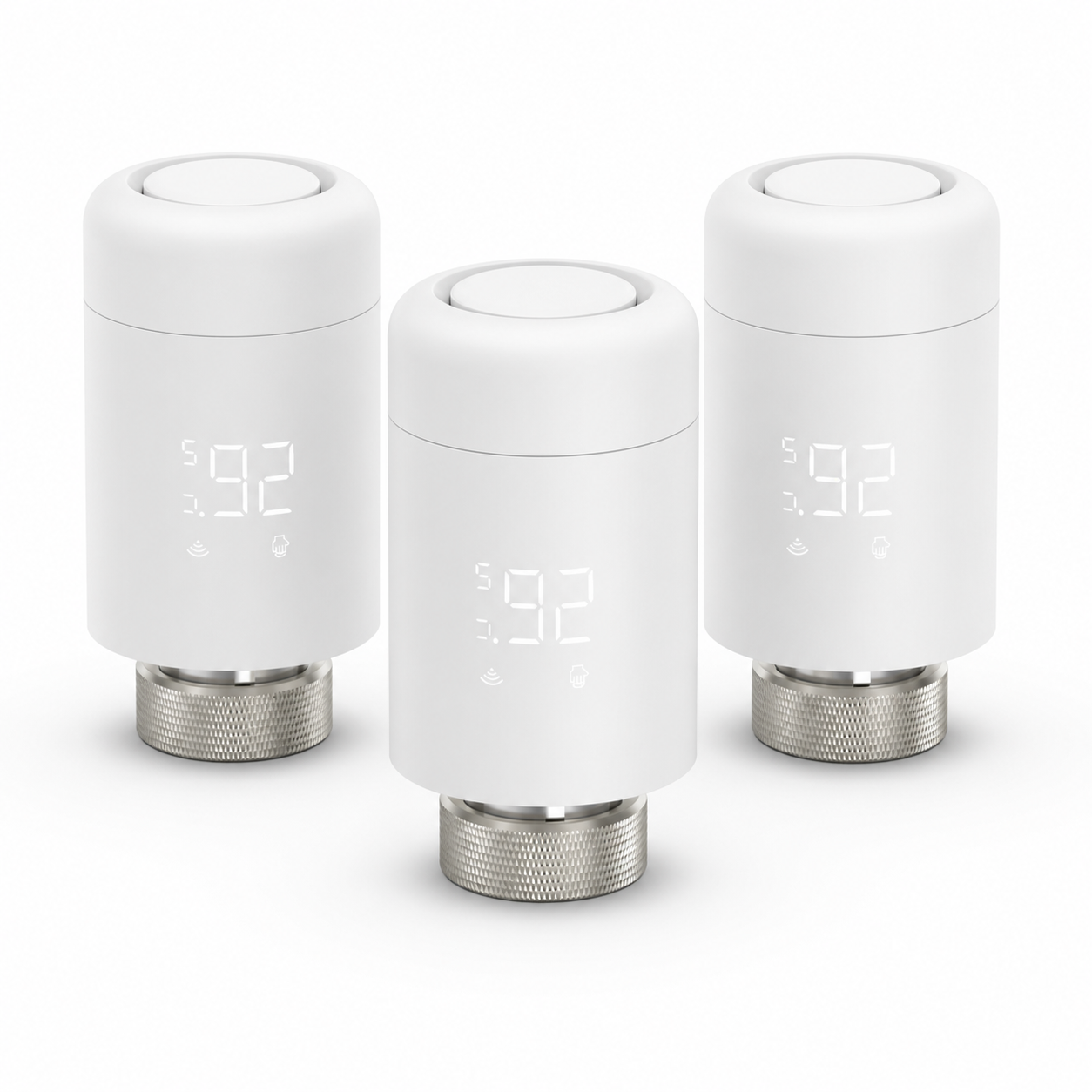 Studio packshot of three Wi-Fi thermostatic radiator valves