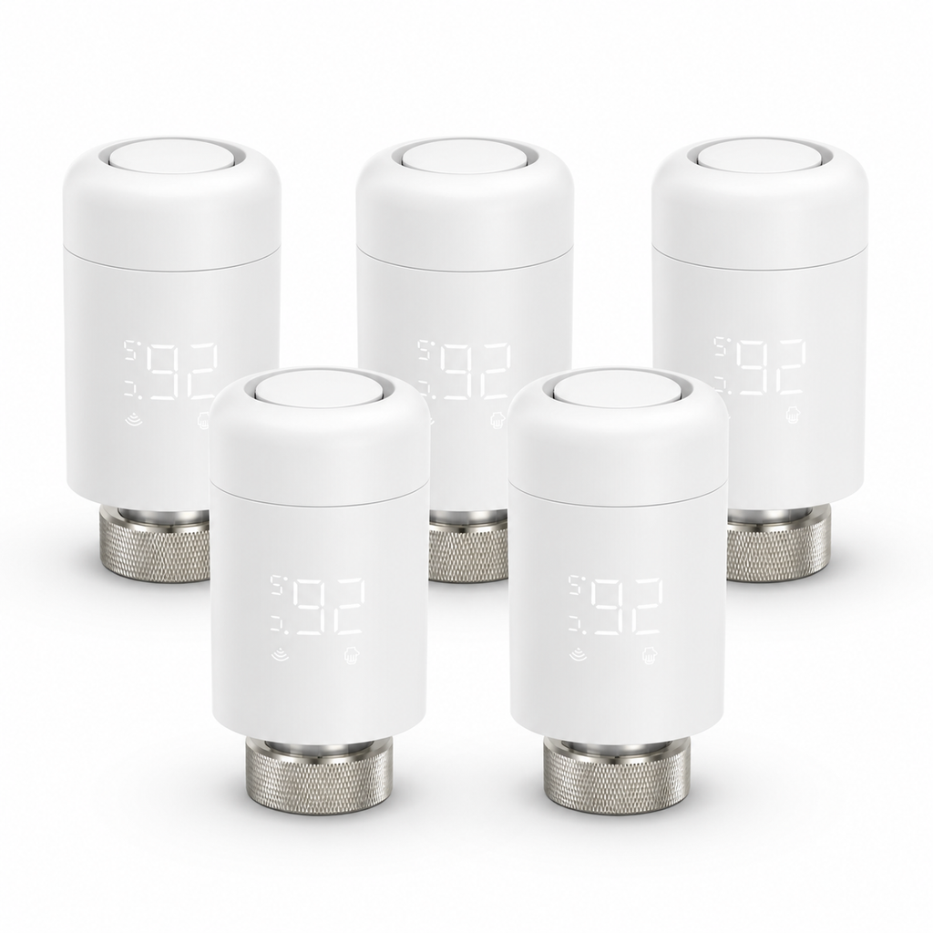 Studio packshot of five Wi-Fi thermostatic radiator valves