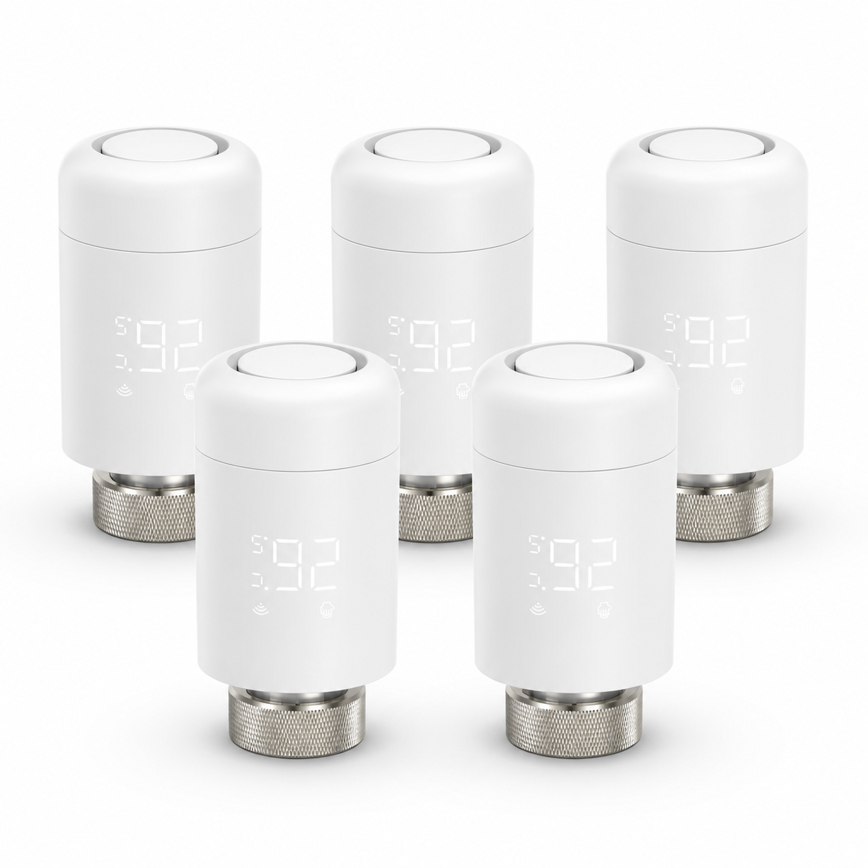 Studio packshot of five Wi-Fi thermostatic radiator valves