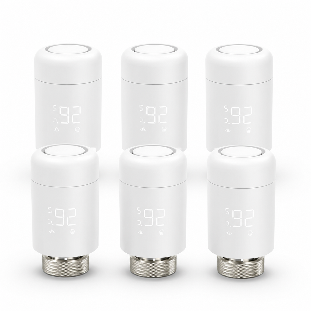 Studio packshot of six Wi-Fi thermostatic radiator valves