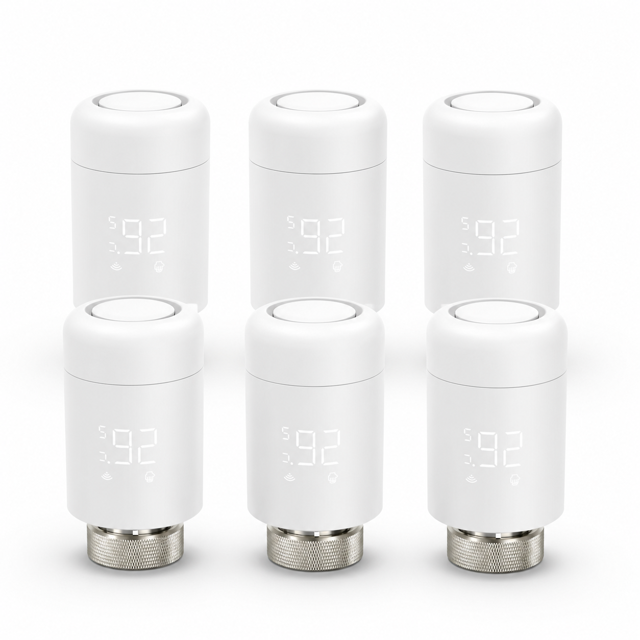 Studio packshot of six Wi-Fi thermostatic radiator valves