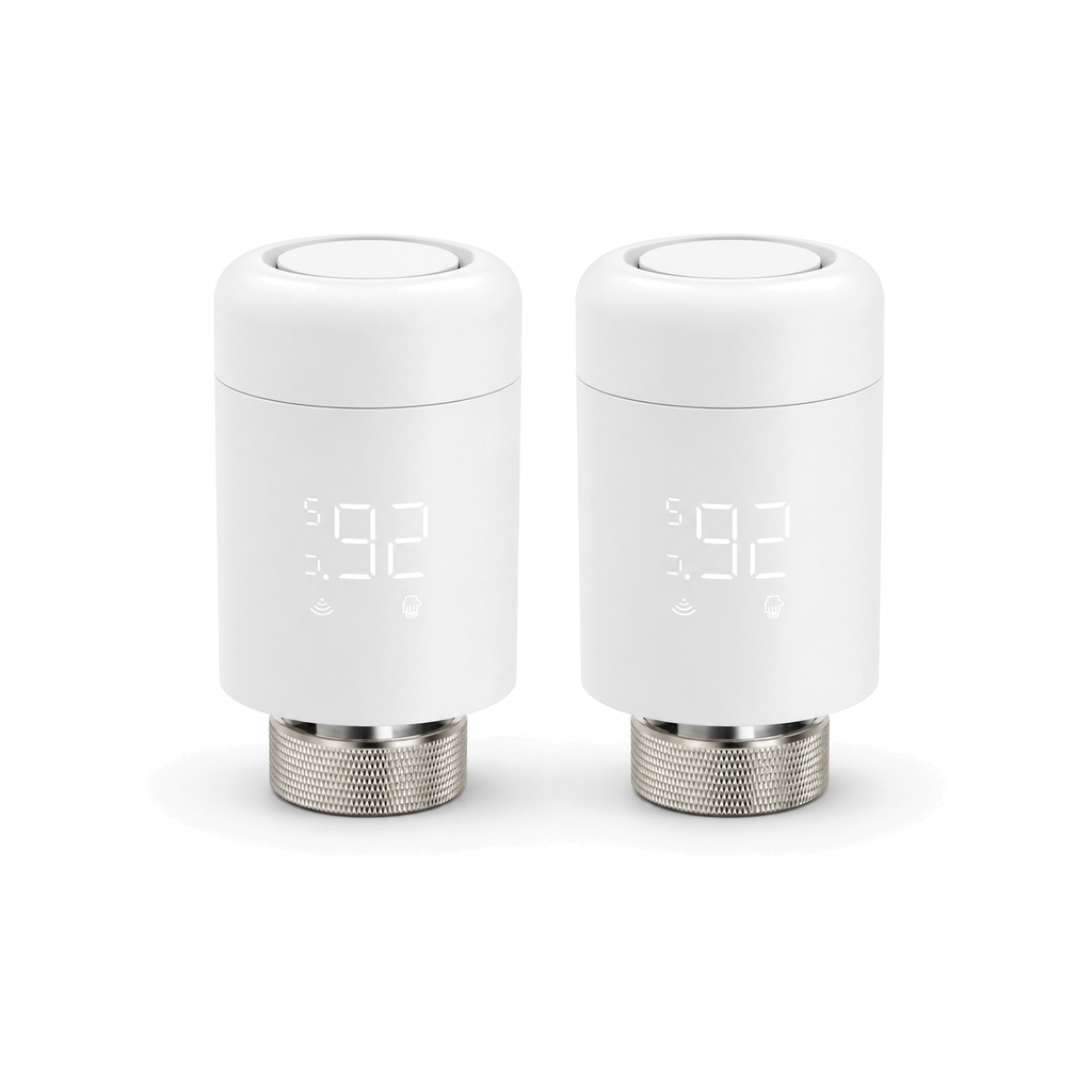 Lot de deux vannes thermostatiques Wi-Fi NéoValve Pack Essential sur fond blanc