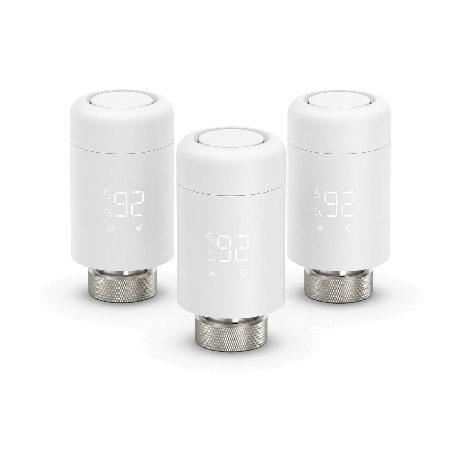 Lot de trois vannes thermostatiques Wi-Fi NéoValve Pack Essential sur fond blanc