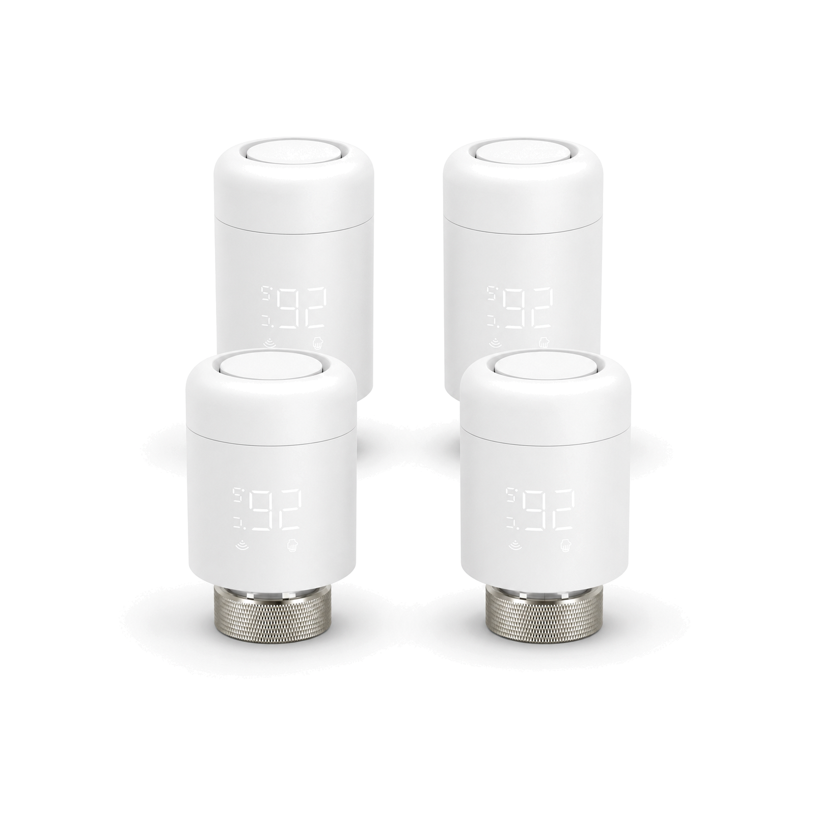 Lot de quatre vannes thermostatiques Wi-Fi NéoValve Pack Essential sur fond blanc
