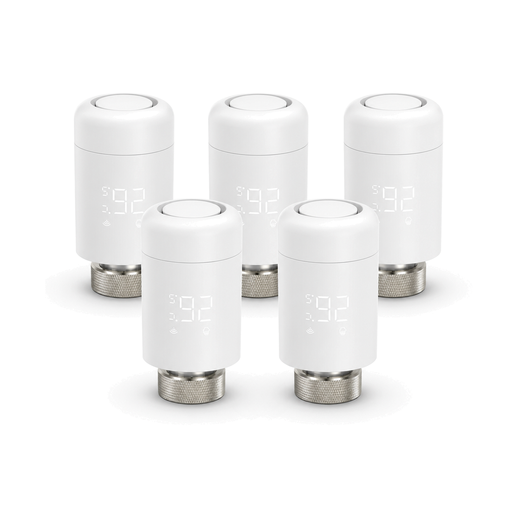 Lot de cinq vannes thermostatiques Wi-Fi NéoValve Pack Essential sur fond blanc