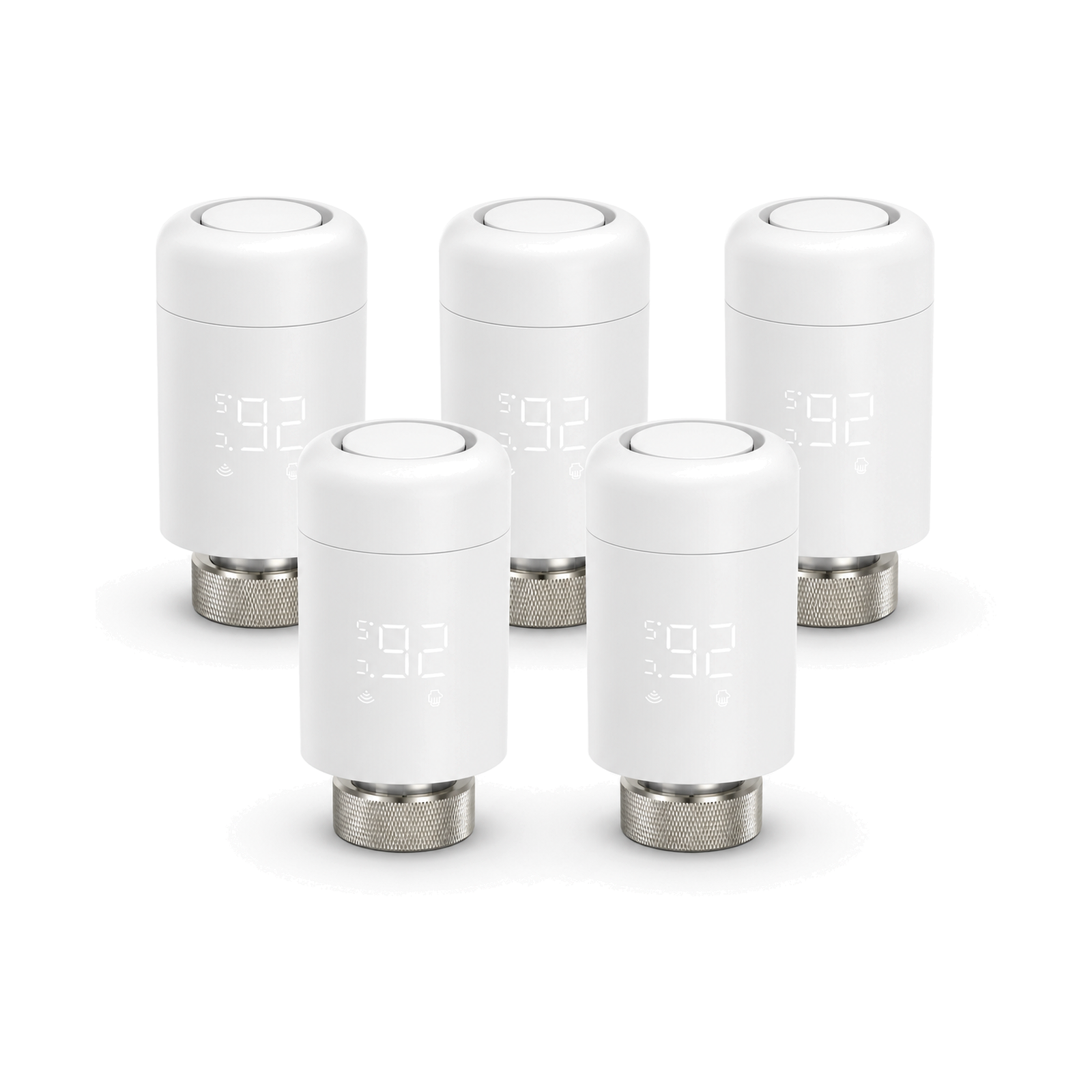Lot de cinq vannes thermostatiques Wi-Fi NéoValve Pack Essential sur fond blanc