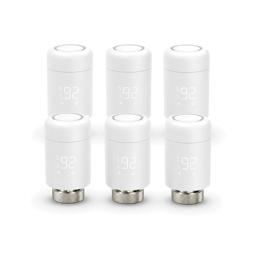 Lot de six vannes thermostatiques Wi-Fi NéoValve Pack Essential sur fond blanc