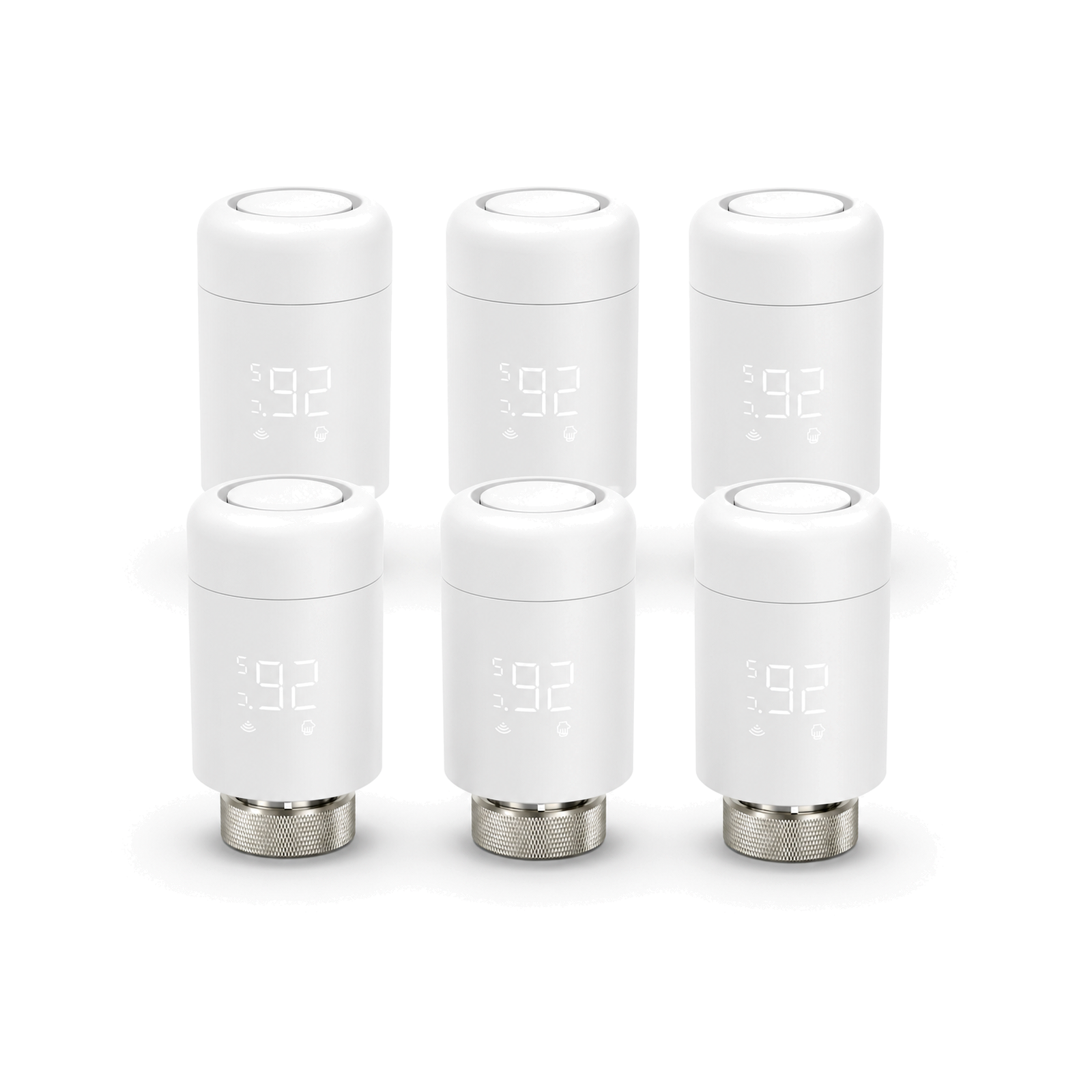 Lot de six vannes thermostatiques Wi-Fi NéoValve Pack Essential sur fond blanc