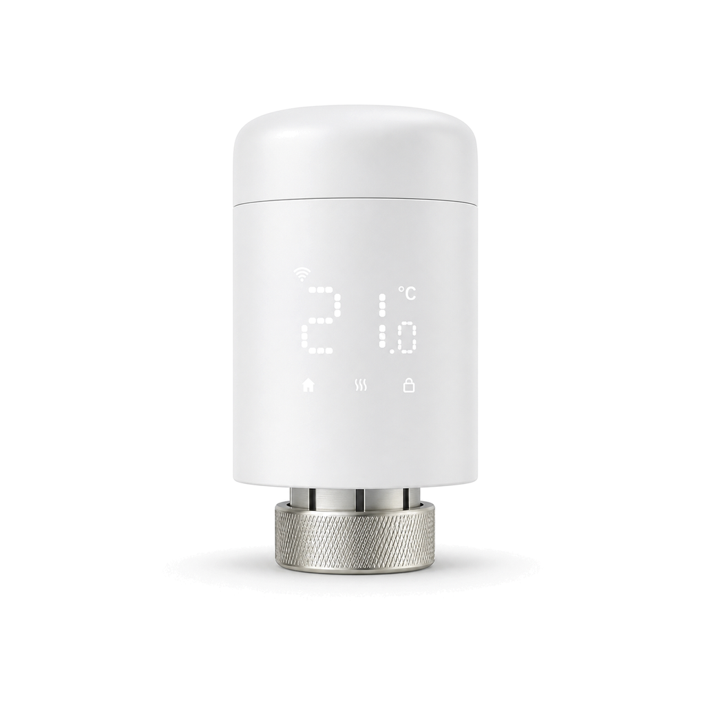 Vanne thermostatique Wi-Fi NéoValve Pack Essential vue de face sur fond blanc