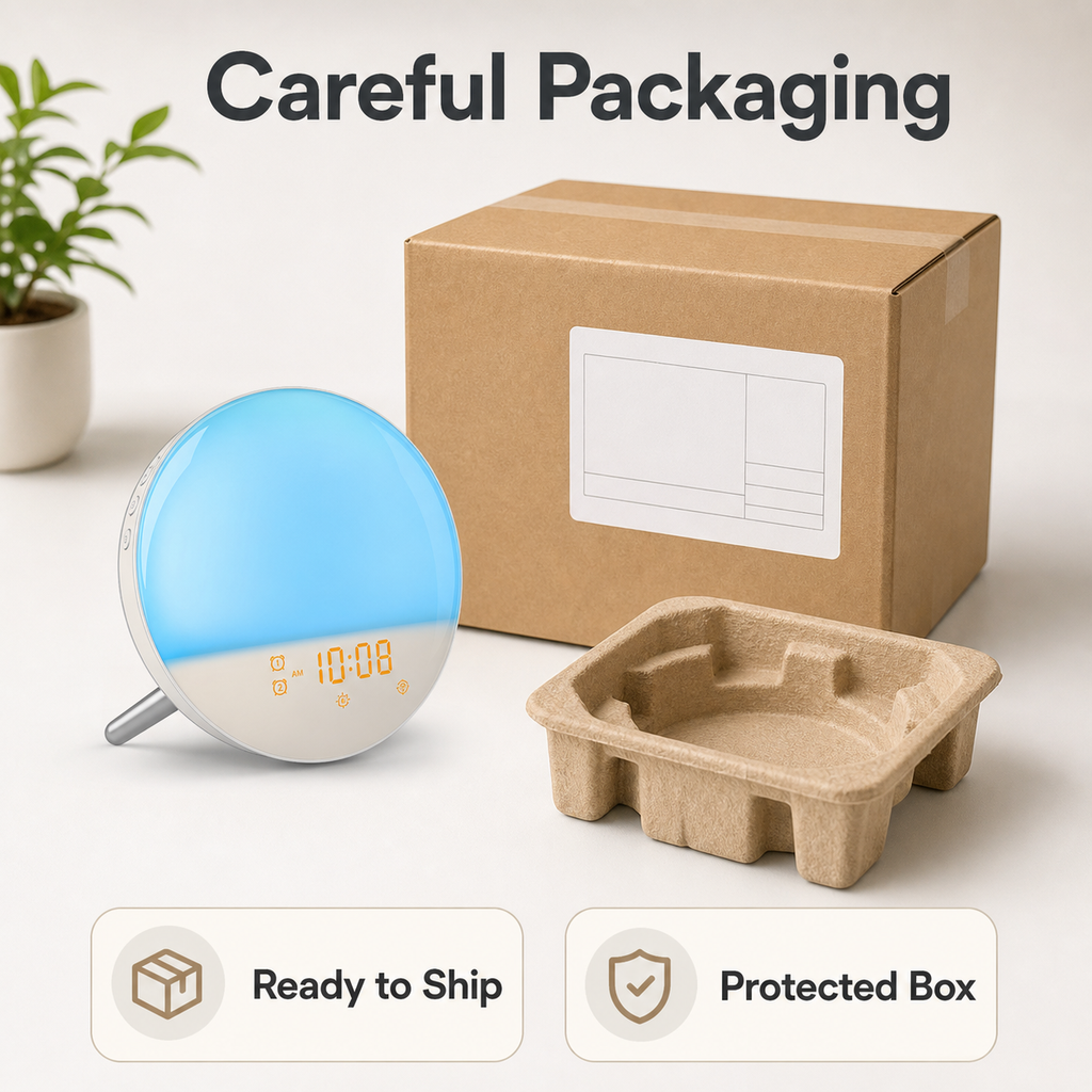Careful packaging visual with wake-up light and protected box