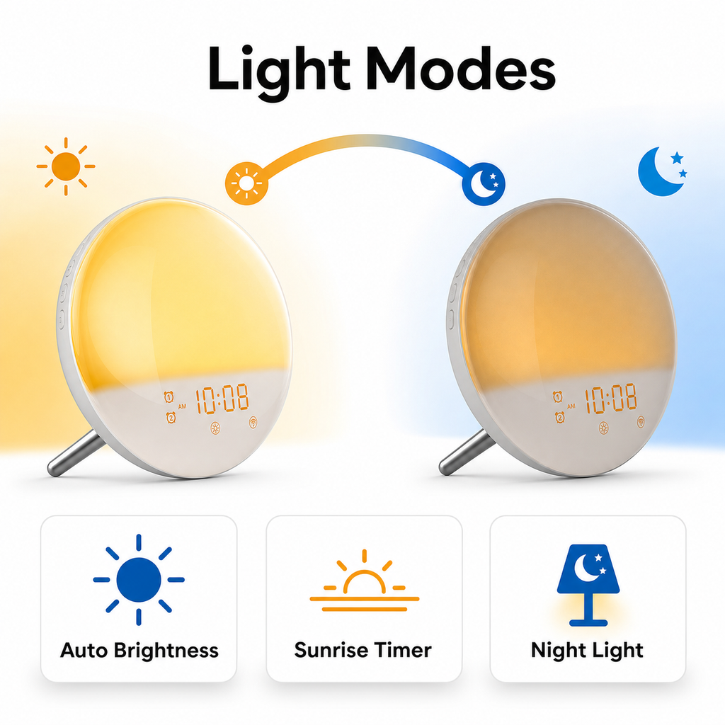 Light modes summary for wake-up light with sunrise timer and night light