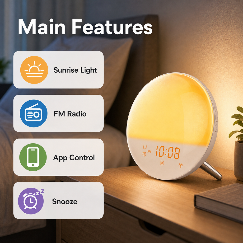 Main features of WiFi wake-up light on bedside table