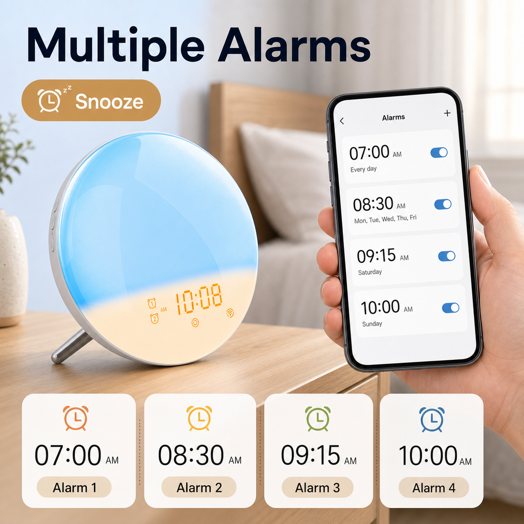 Multiple alarm and snooze controls for wake-up light