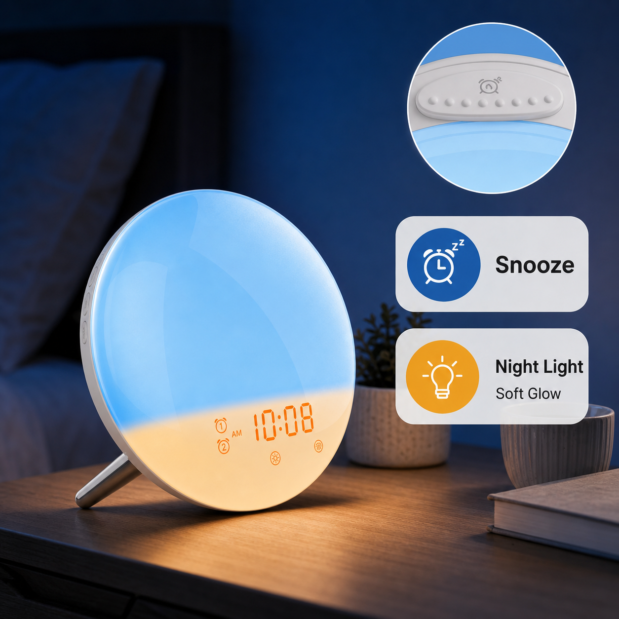 Snooze and night light mode for wake-up light