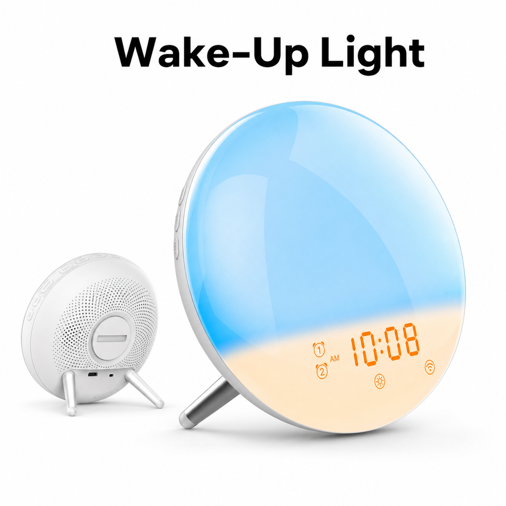 Studio product display of round wake-up light alarm clock