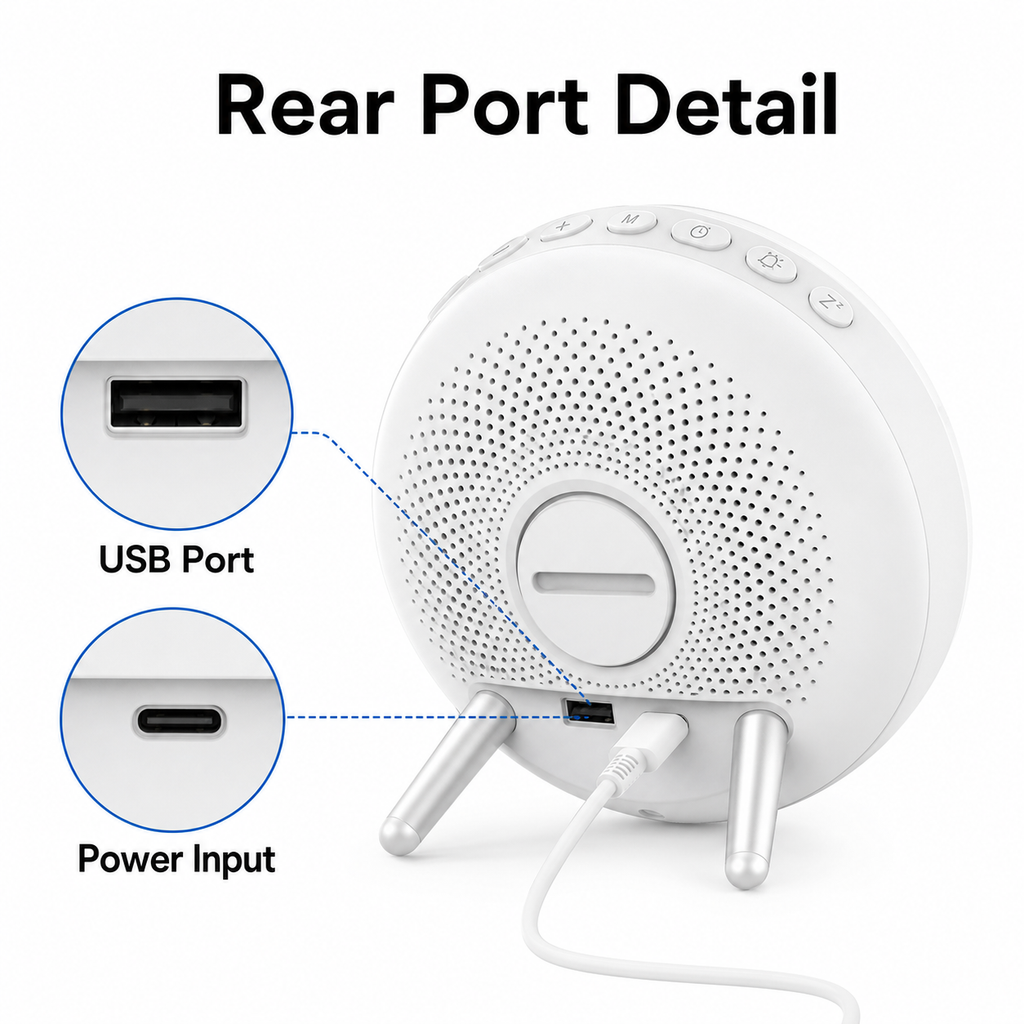 Rear USB and power input detail for wake-up light