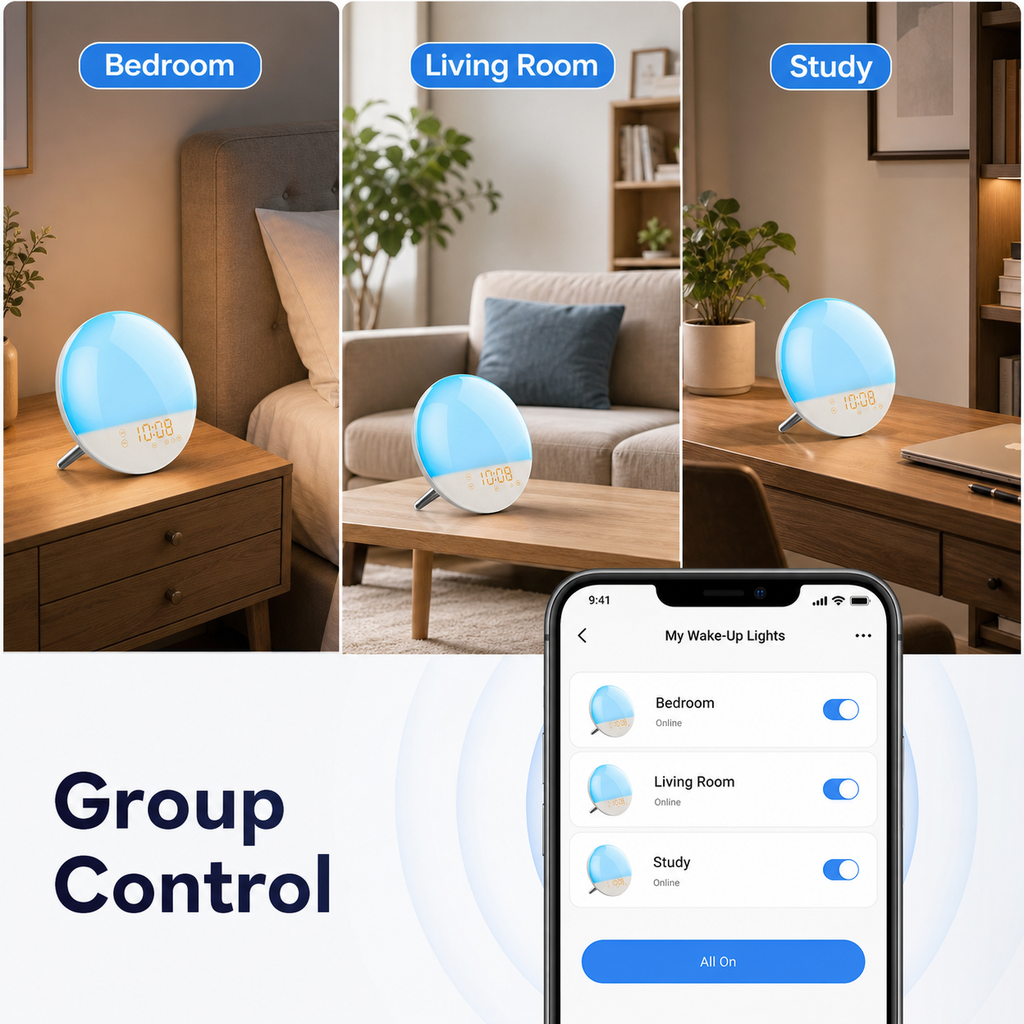 Group control for wake-up light across bedroom living room and study