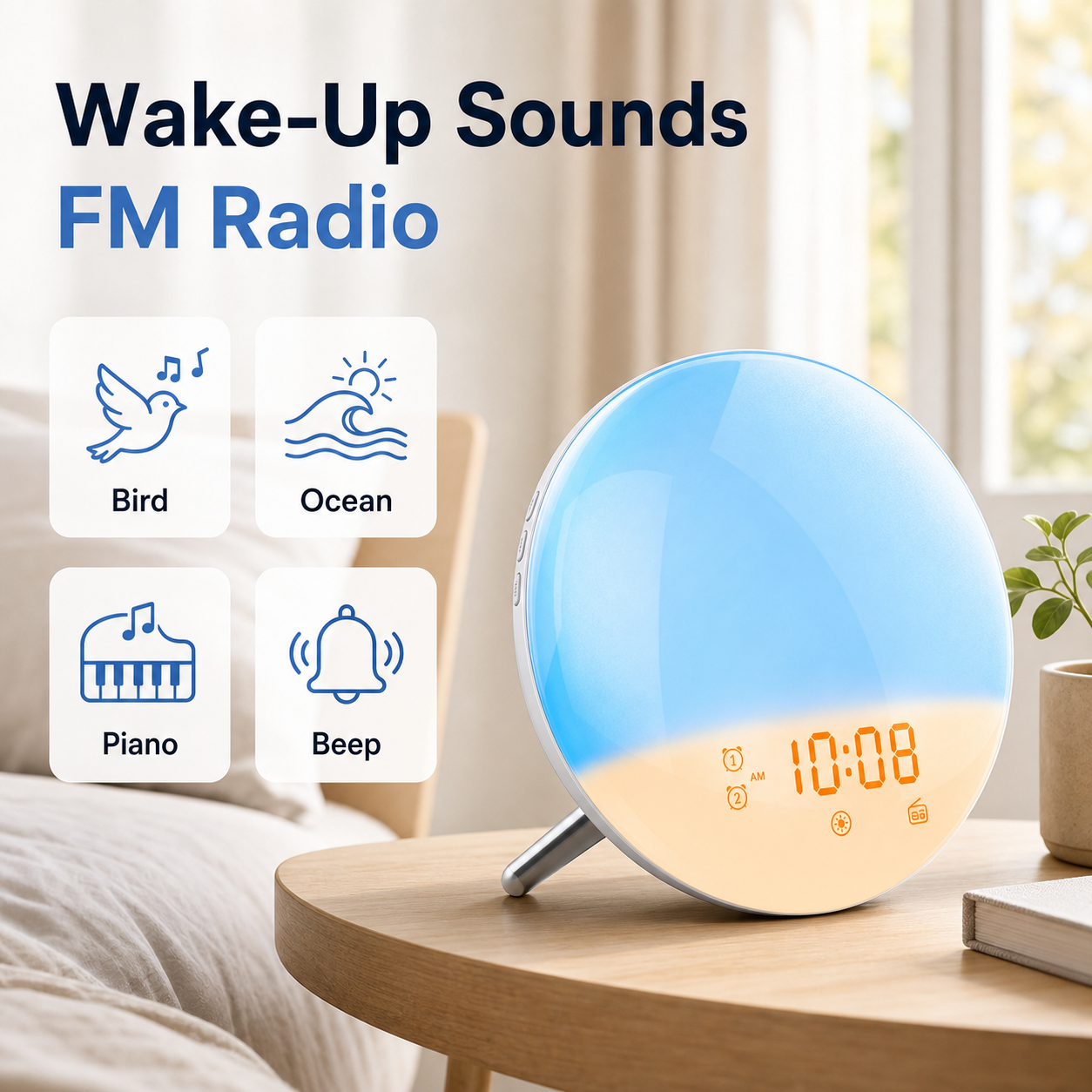 Wake-up sounds and FM radio options for sunrise alarm clock
