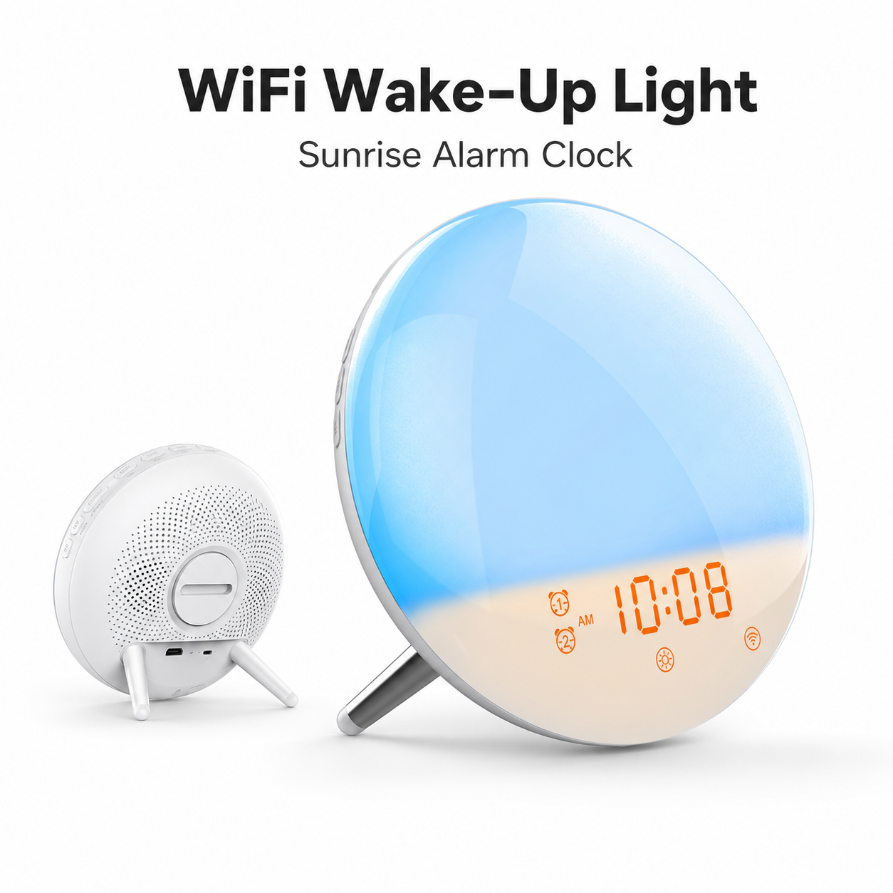 Studio packshot of WiFi sunrise wake-up light alarm clock