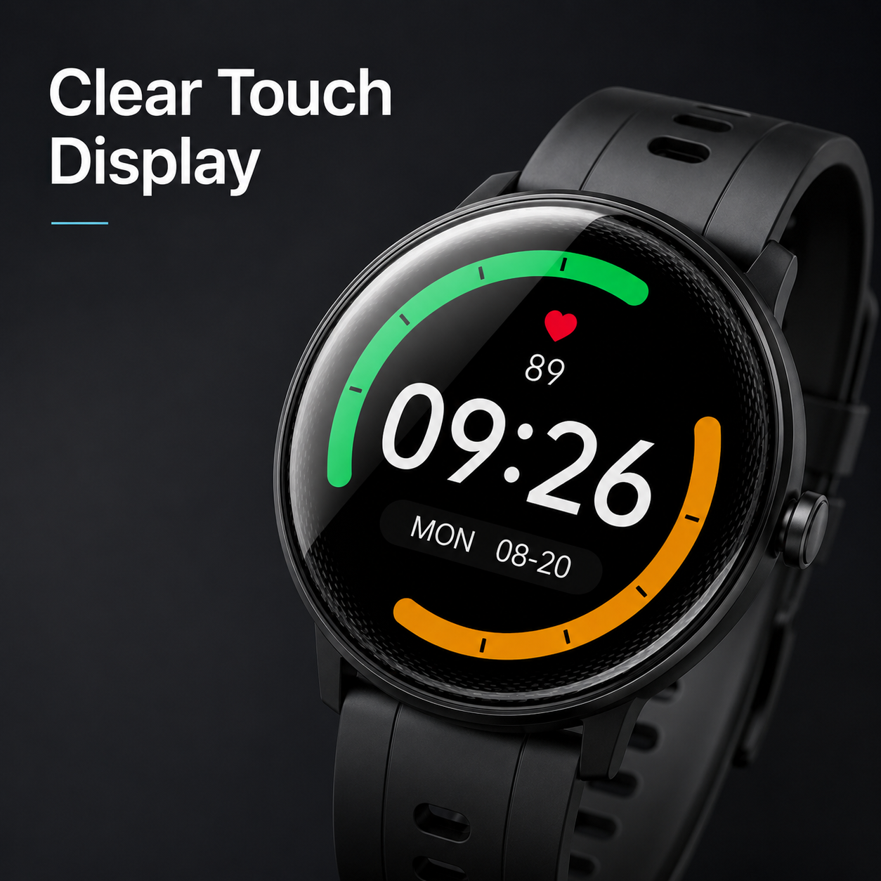Clear touch display detail for black sport smartwatch