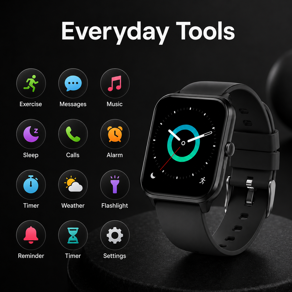 Everyday tools and functions for black sport smartwatch
