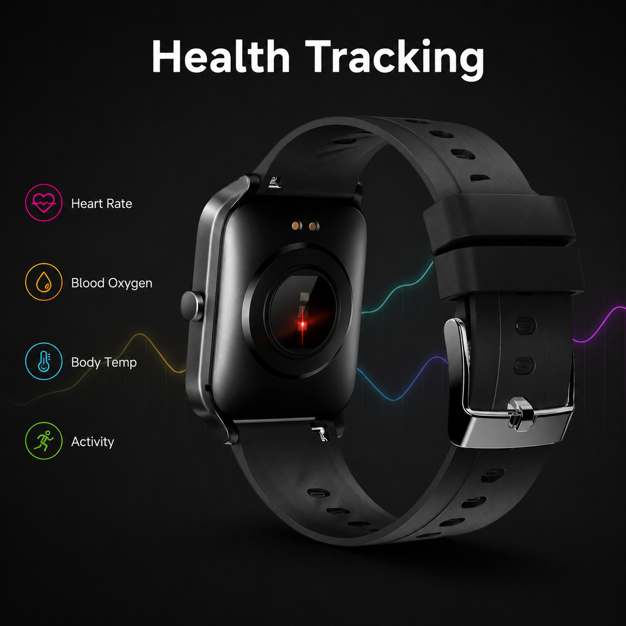 Health tracking sensors visual for black sport smartwatch