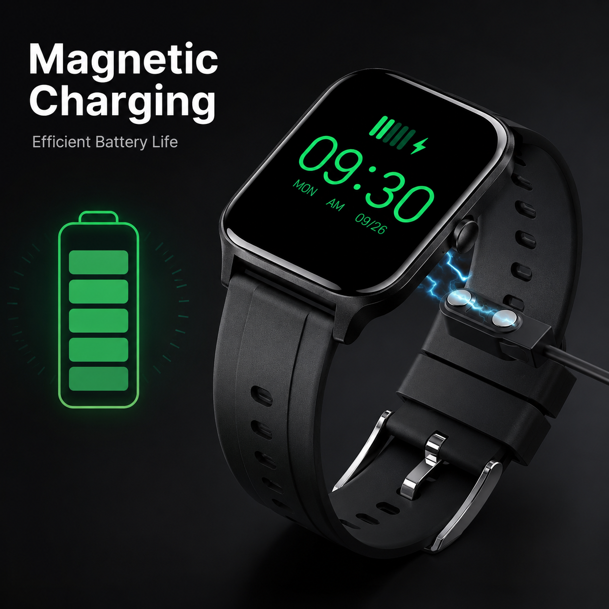 Magnetic charging detail for black sport smartwatch