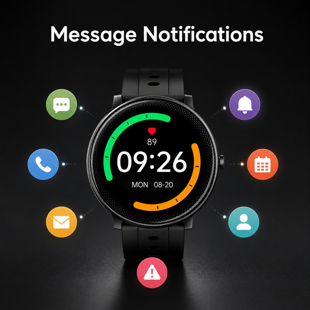Generic message notifications around black sport smartwatch