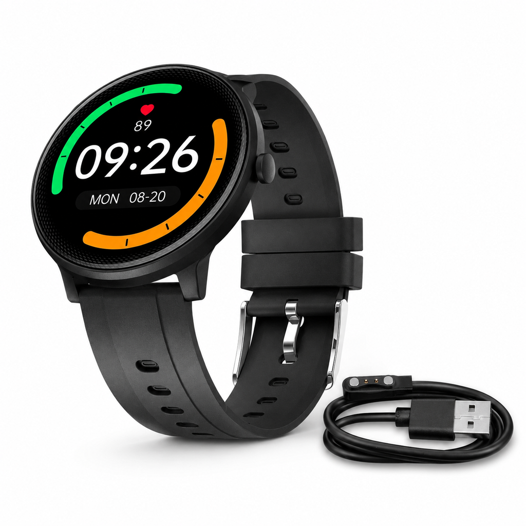 Montre connectée sport NéoWatch Comfort cadran rond avec câble de charge sur fond blanc