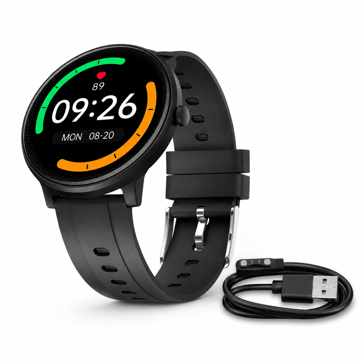 Montre connectée sport NéoWatch Comfort cadran rond avec câble de charge sur fond blanc