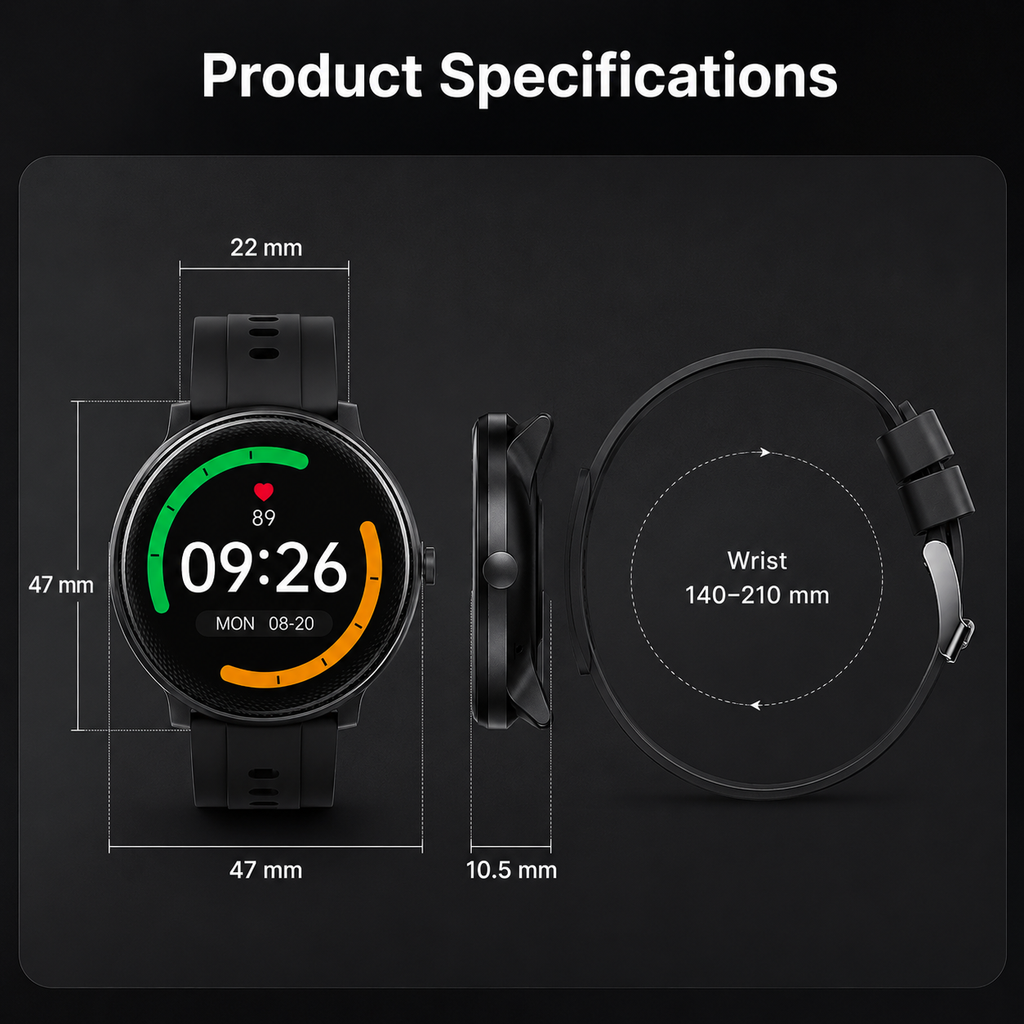 Product specifications diagram for round smartwatch