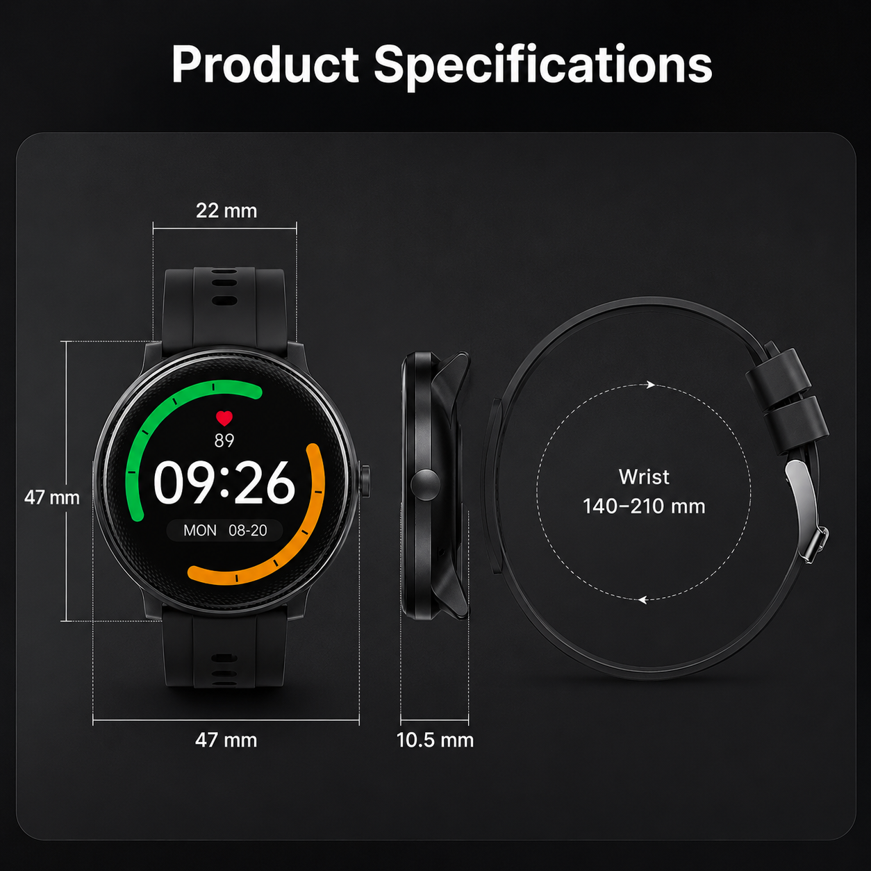 Product specifications diagram for round smartwatch