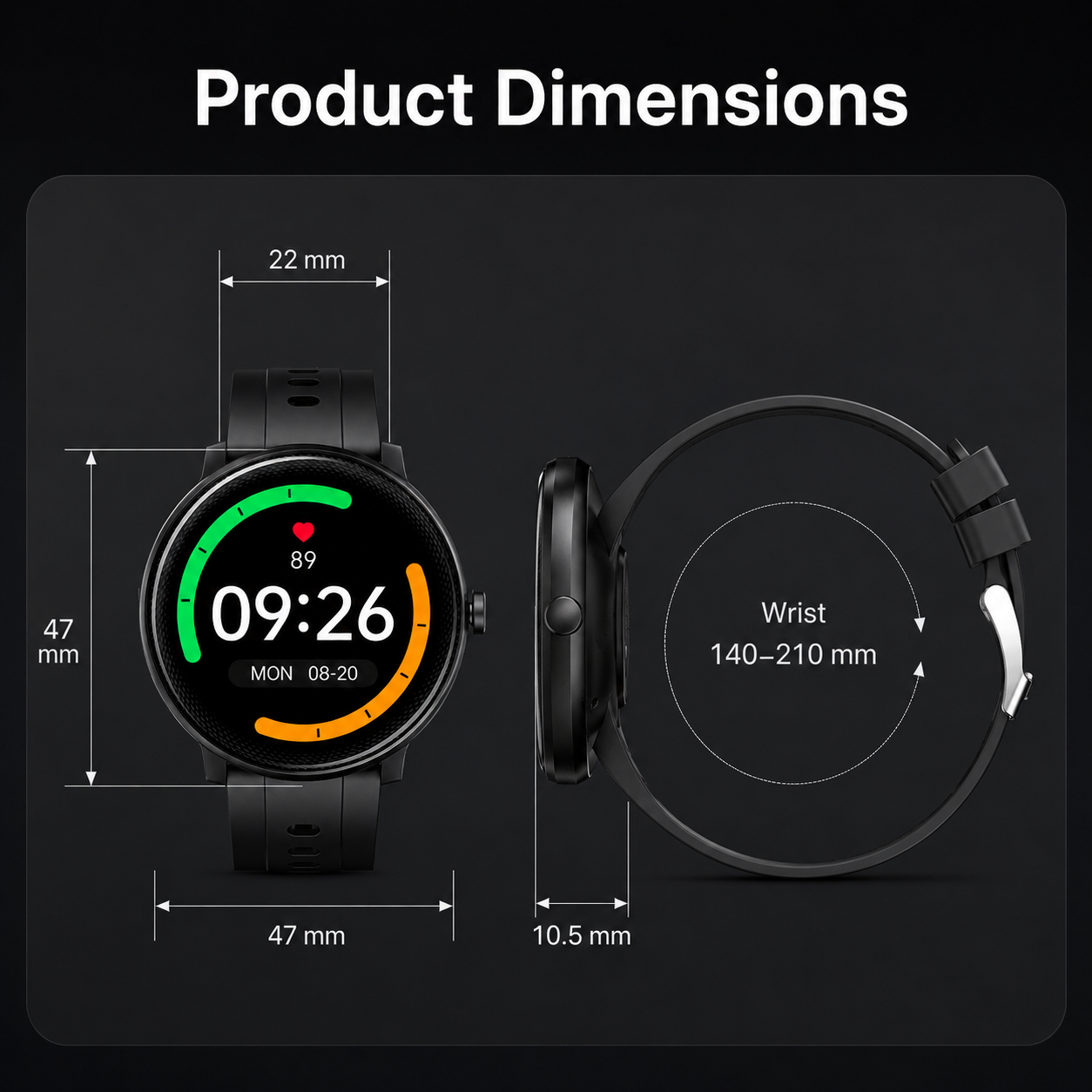 Round dial smartwatch dimensions diagram