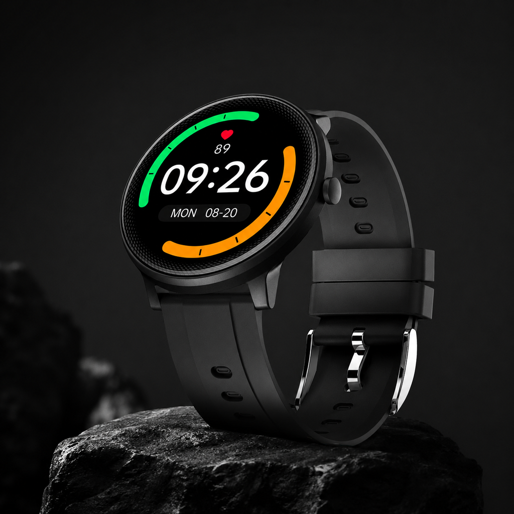Studio packshot of round dial black sport smartwatch