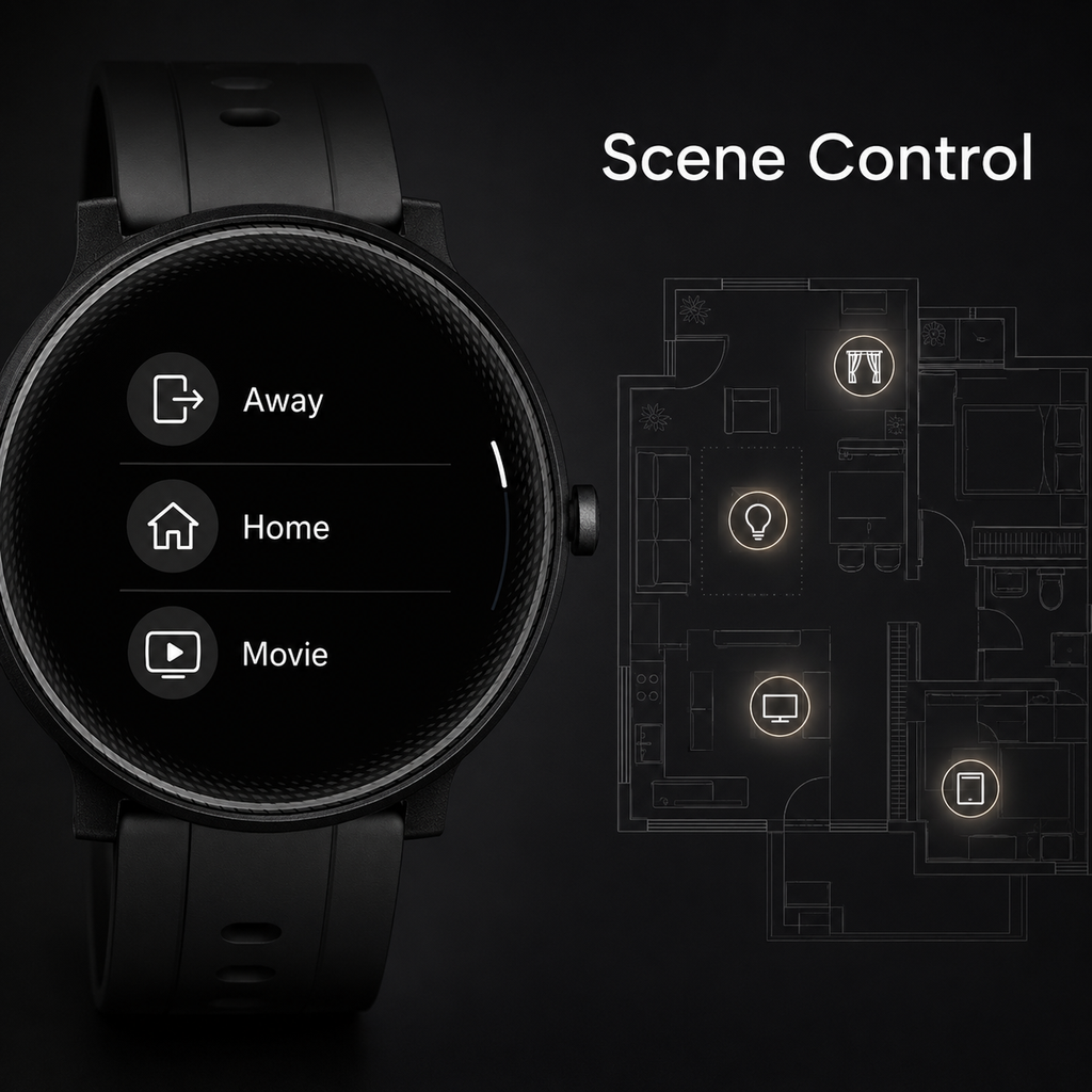 Smart scene control interface on black sport smartwatch