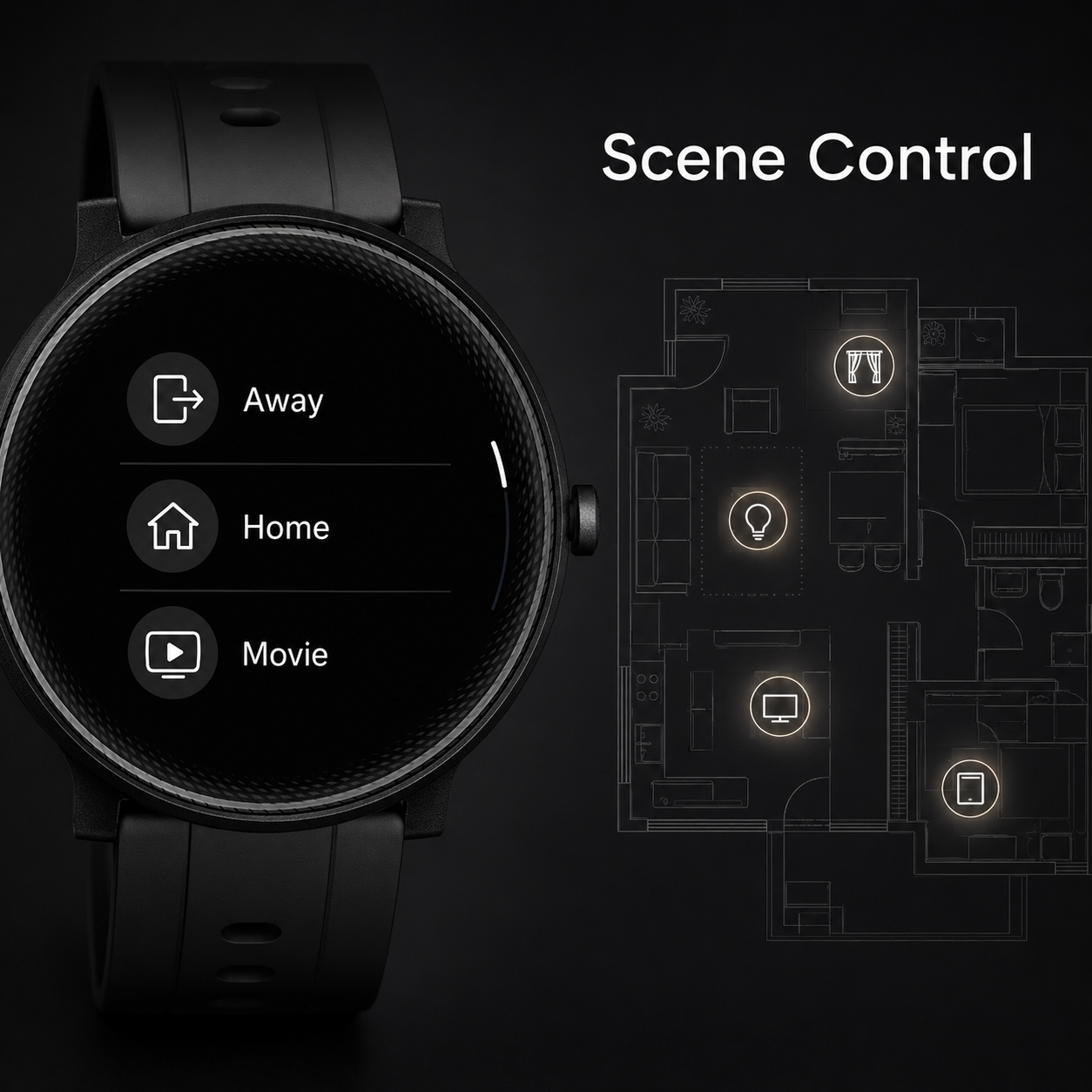 Smart scene control interface on black sport smartwatch