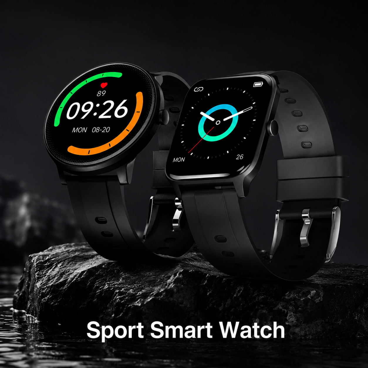 Studio product image of square and round black sport smart watches