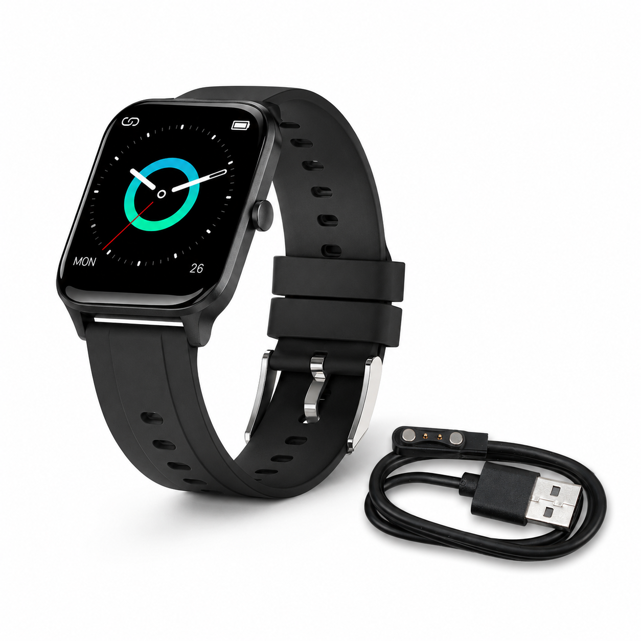 Square dial black sport smartwatch with magnetic charging cable on white background