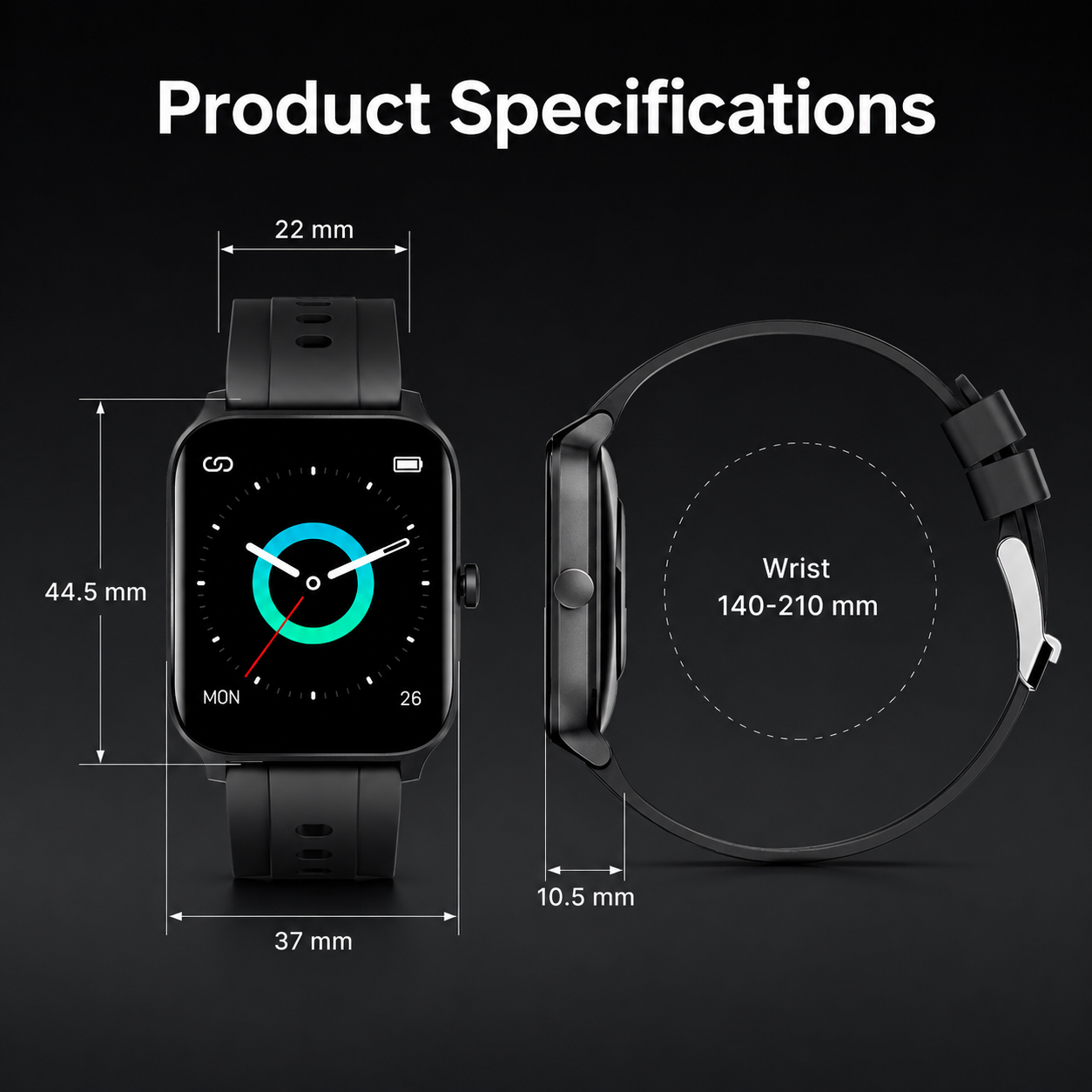 Square dial smartwatch dimensions diagram