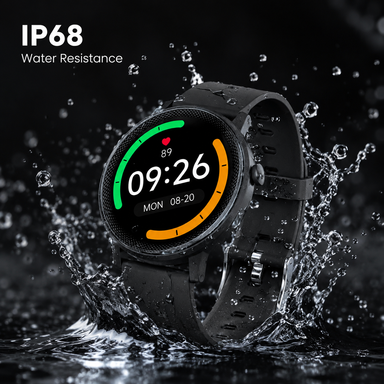 Water resistance lifestyle image for black sport smartwatch