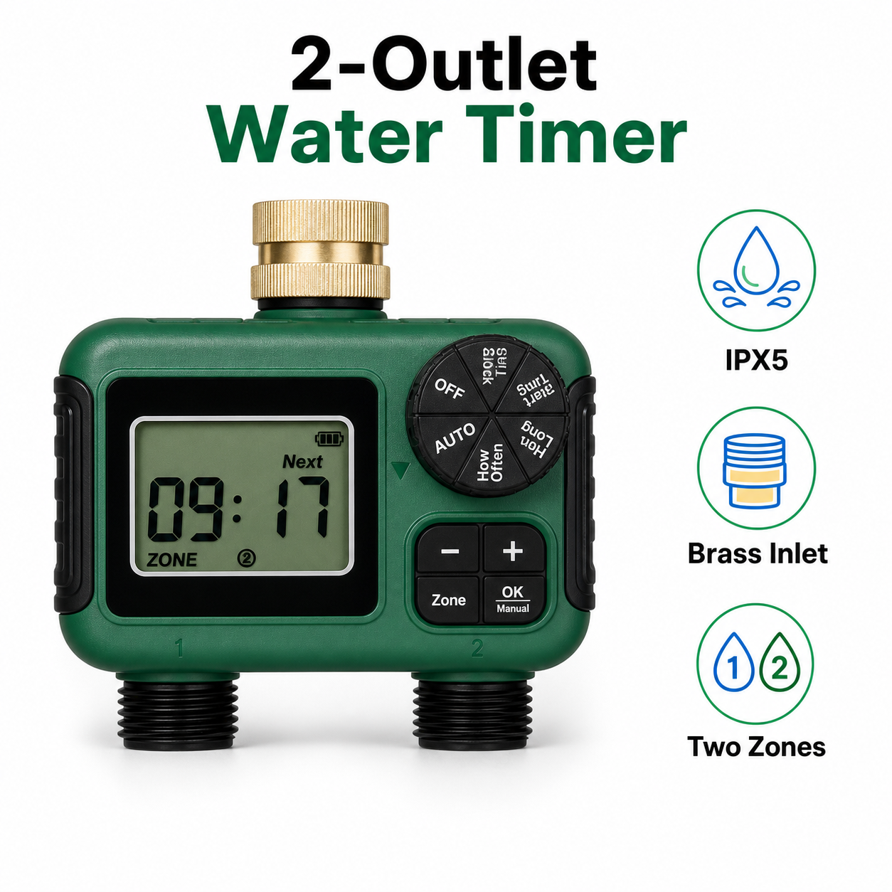 Studio packshot of 2-outlet garden water timer with brass inlet