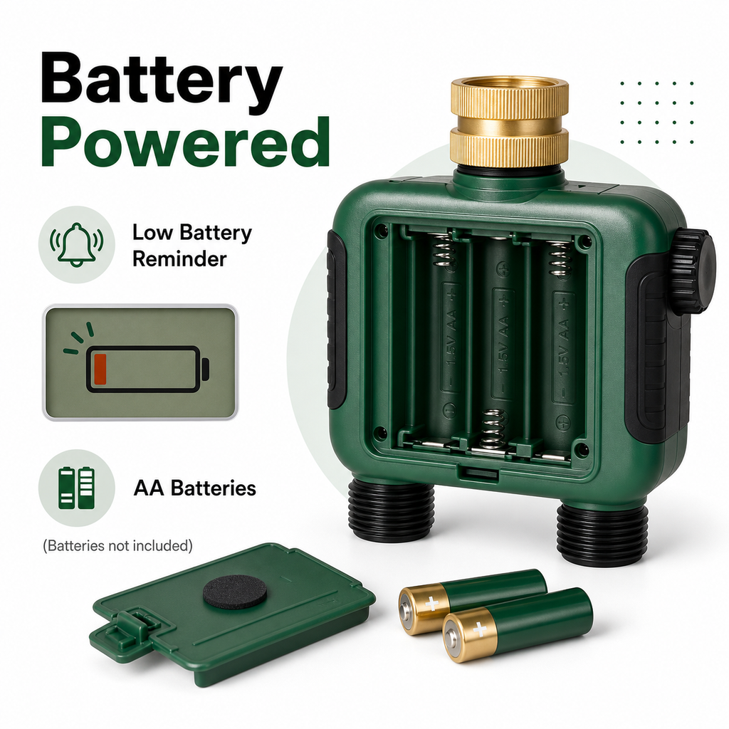 Battery powered water timer with low battery reminder