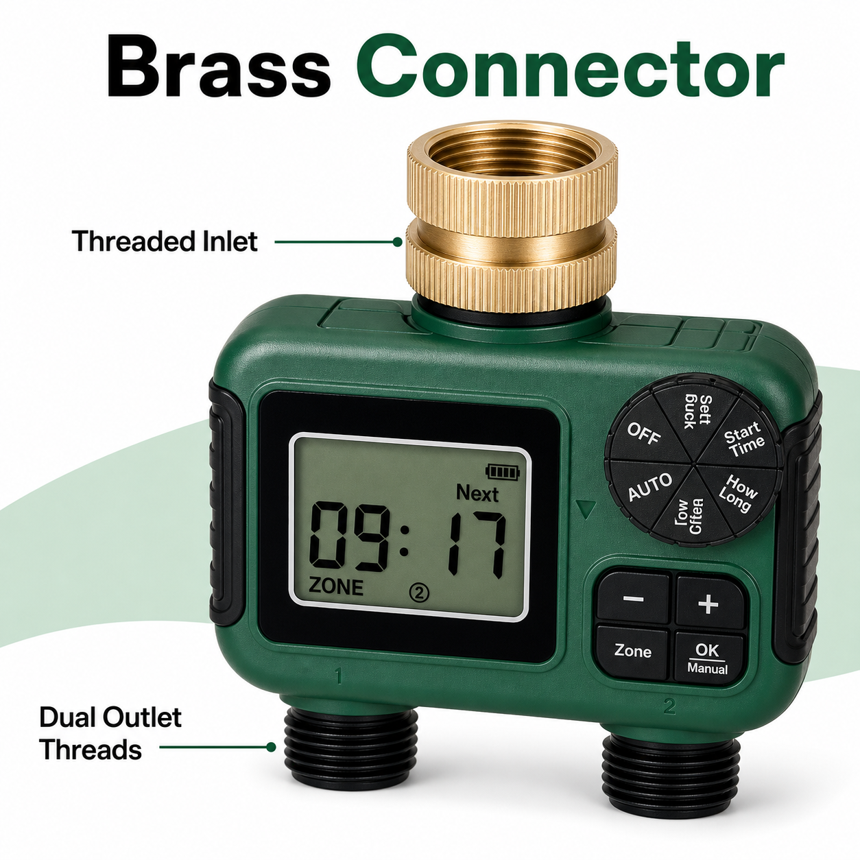 Close-up of brass connector and dual outlet threads